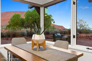 Dining room with a mountain view