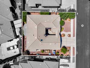 Aerial view of property and surrounding area featuring property parcel outlined