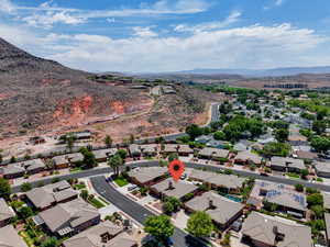 Aerial perspective of suburban area with mountains