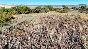 Aerial view of property and surrounding area featuring a mountainous background