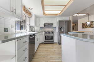 Kitchen with white cabinetry, decorative backsplash, high quality appliances, and hanging light fixtures