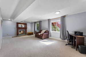 Office area with light carpet, a glass covered fireplace, and recessed lighting