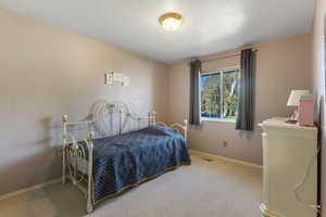 Carpeted bedroom with baseboards and a textured ceiling