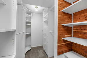Spacious closet with dark colored carpet