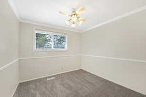 Spare room featuring crown molding and carpet flooring