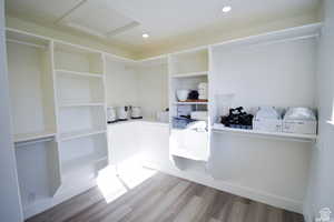 Walk in closet featuring light wood-type flooring and attic access