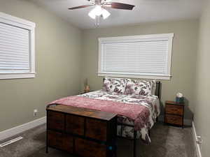 Bedroom with ceiling fan and dark colored carpet