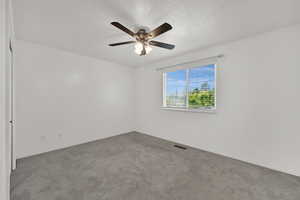 Spare room with carpet flooring, a textured ceiling, and a ceiling fan