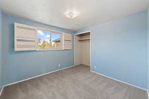 Unfurnished bedroom with carpet and a closet