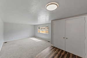 Bonus room with a textured ceiling, dark wood-type flooring, and dark colored carpet