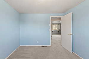 Unfurnished room featuring carpet floors and a textured ceiling