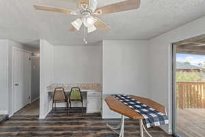 Dining room featuring built in study area, dark wood finished floors, a textured ceiling, and a ceiling fan
