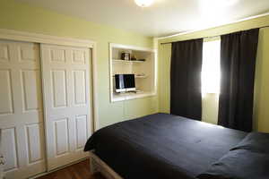 Bedroom featuring dark wood-style floors and a closet