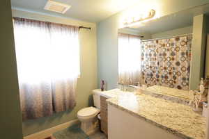Bathroom with vanity, healthy amount of natural light, and a shower with curtain