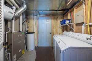 Laundry room featuring independent washer and dryer and heating unit
