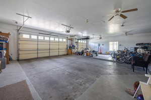 Garage featuring ceiling fan