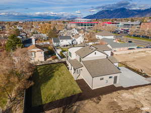 Aerial view of residential area with mountains