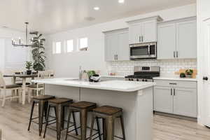 Kitchen with light wood-style floors, appliances with stainless steel finishes, a center island with sink, a kitchen bar, and tasteful backsplash