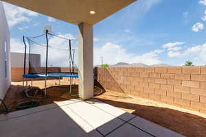 Fenced backyard with a patio and a trampoline