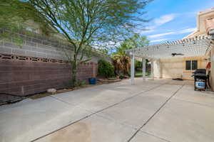 Fenced backyard with a patio, a pergola, and area for grilling