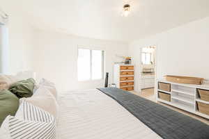 Bedroom with light colored carpet and ensuite bathroom