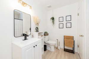 Full bath with light wood-style flooring, vanity, and a shower with curtain