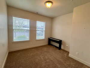 Spare room featuring dark colored carpet and a textured ceiling