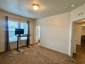Unfurnished office featuring carpet and a textured ceiling