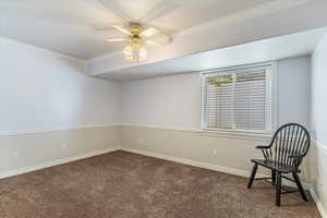 Unfurnished room featuring crown molding, a ceiling fan, and carpet