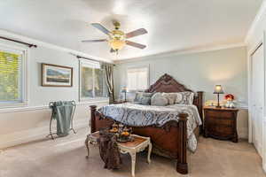Bedroom featuring carpet, multiple windows, a textured ceiling, crown molding, and ceiling fan
