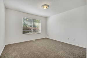 Carpeted spare room featuring baseboards and a textured ceiling