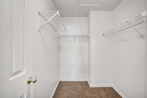 Walk in closet featuring dark colored carpet
