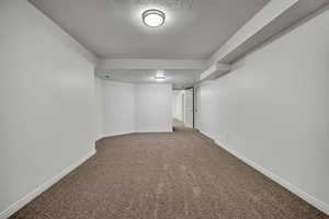 Finished below grade area featuring light carpet and a textured ceiling