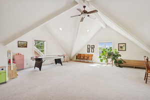 Game room featuring carpet floors and a ceiling fan