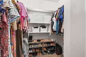 Walk in closet featuring light colored carpet