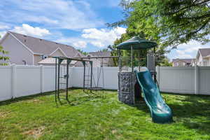 View of play area with a fenced backyard and a residential view