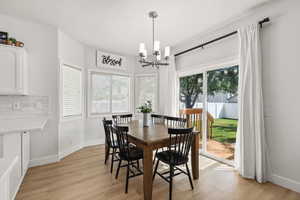Dining space featuring healthy amount of natural light, light wood-type flooring, and a chandelier