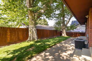 Fenced backyard with a patio