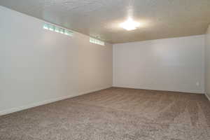 Unfurnished room with a textured ceiling and light carpet