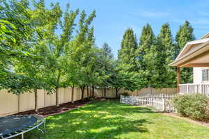 Fenced backyard featuring a trampoline