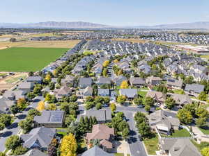 Aerial view of residential area featuring mountains
