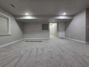 Finished basement with electric panel and view when entering from the backyard