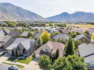 Aerial perspective of suburban area with a mountain backdrop