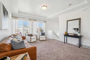 Carpeted living area with a raised ceiling and a textured ceiling