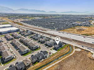 Aerial view of residential area featuring mountains