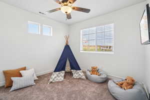 Recreation room featuring carpet flooring and a ceiling fan