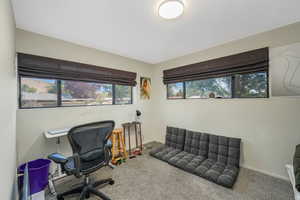 Carpeted office space with baseboards