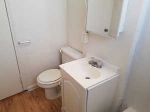 Bathroom with light wood-style flooring and vanity