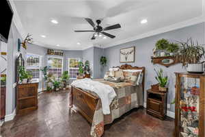Bedroom with crown molding, a ceiling fan, and recessed lighting