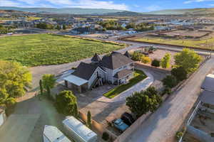Aerial view of residential area featuring mountains